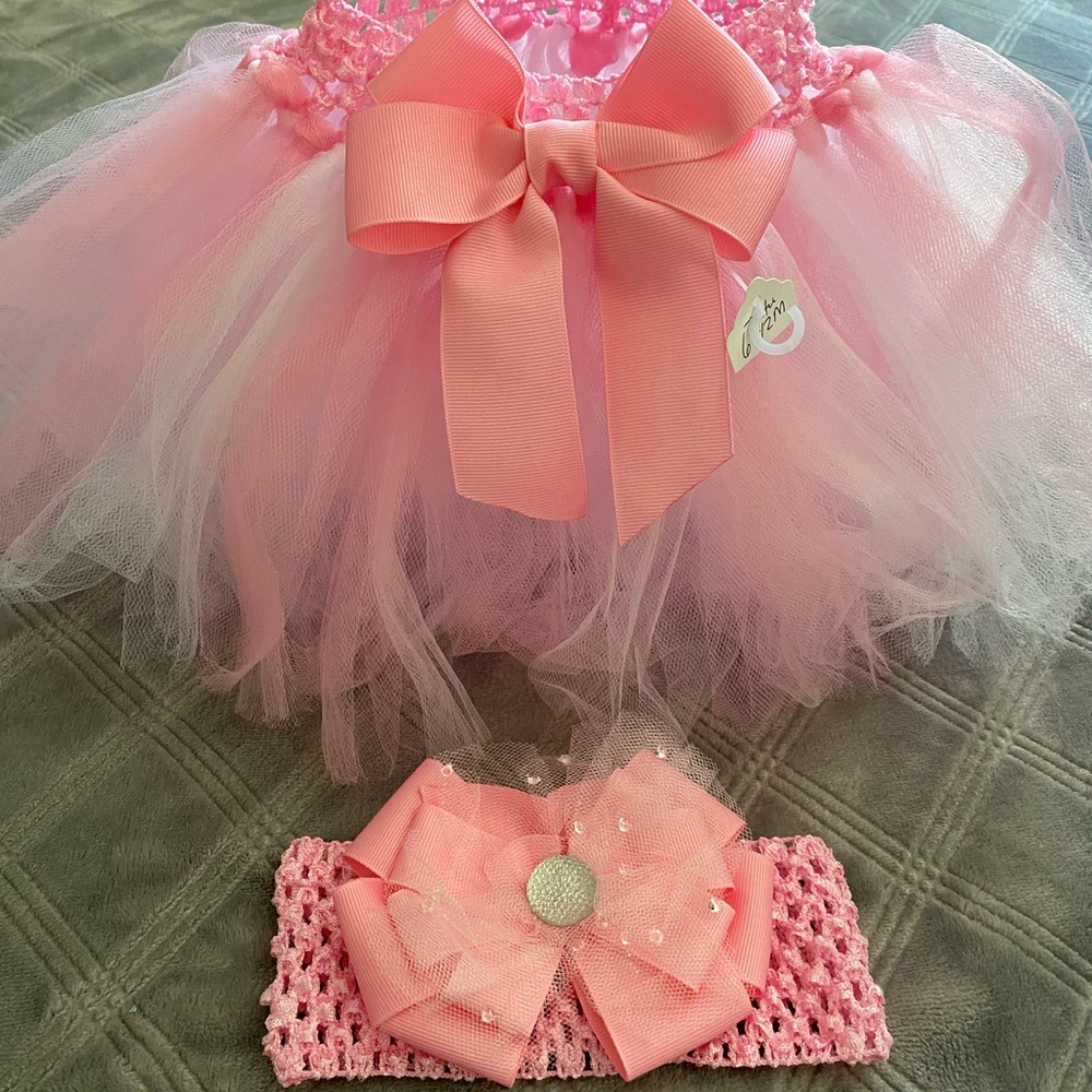Pink and White Tutu 6-12 months matching headband - Picture 1 of 7